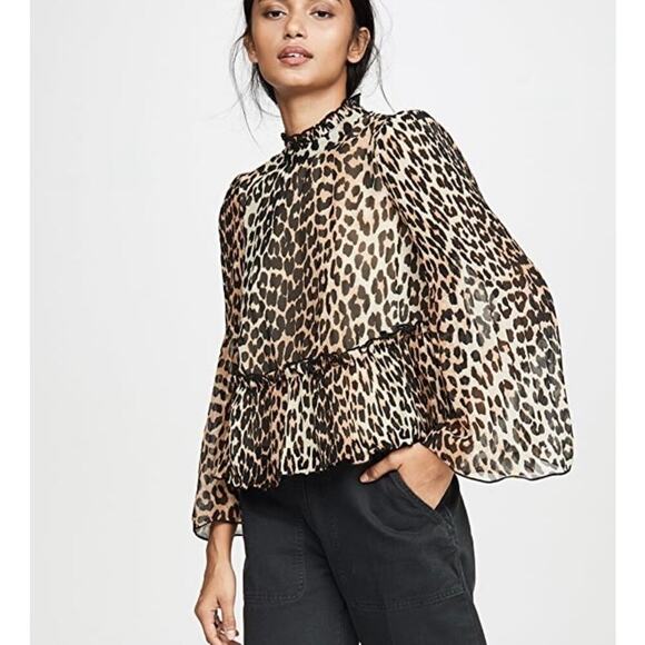 Ganni Leopard Print Pleated Peplum Blouse Long Sleeves Size 40 - Picture 2 of 10